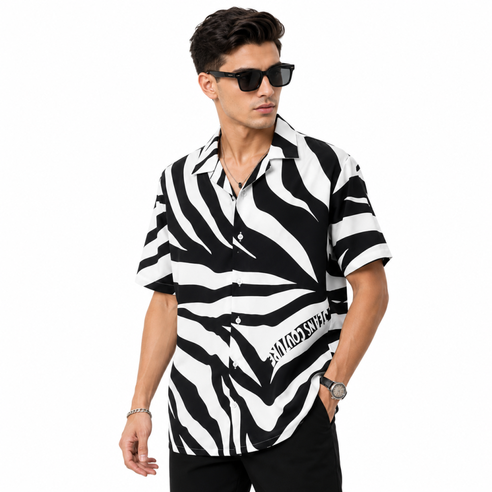 Versace Jeans Couture Black Zebra-Print Short-Sleeve Shirt