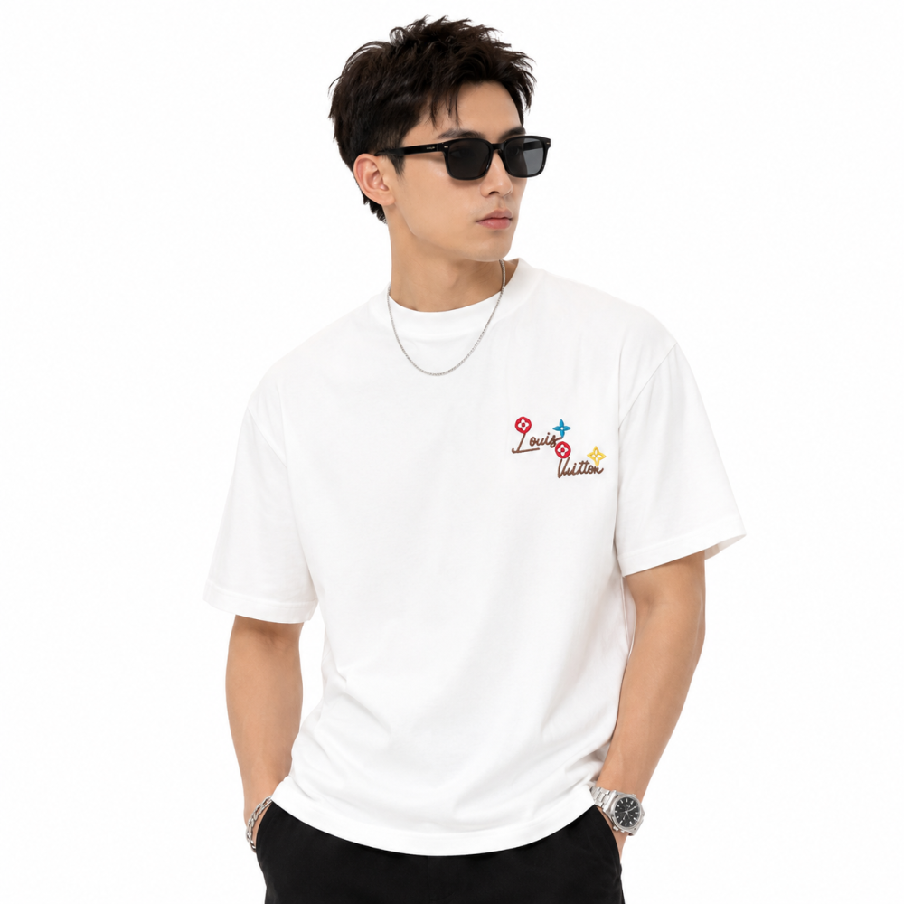 Louis Vuitton White Embroidery Logo Premium T-shirt