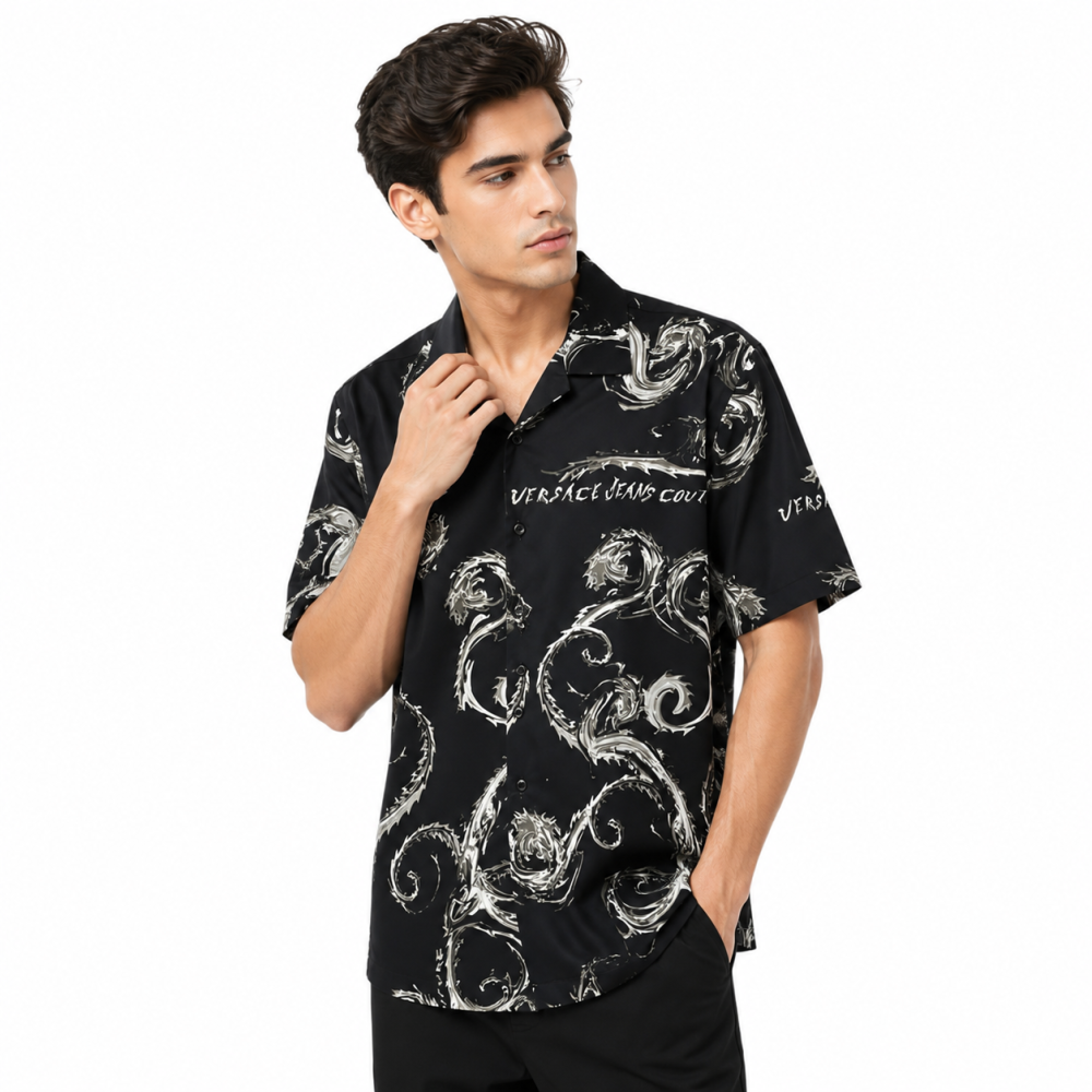 Versace Jeans Couture Watercolor Baroque Camp Black Cotton Shirt