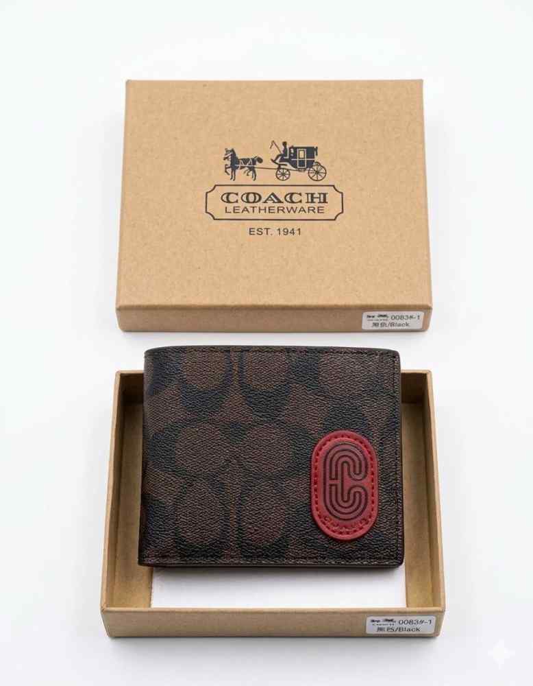 Coach Brown & Red Leather Compact Wallet