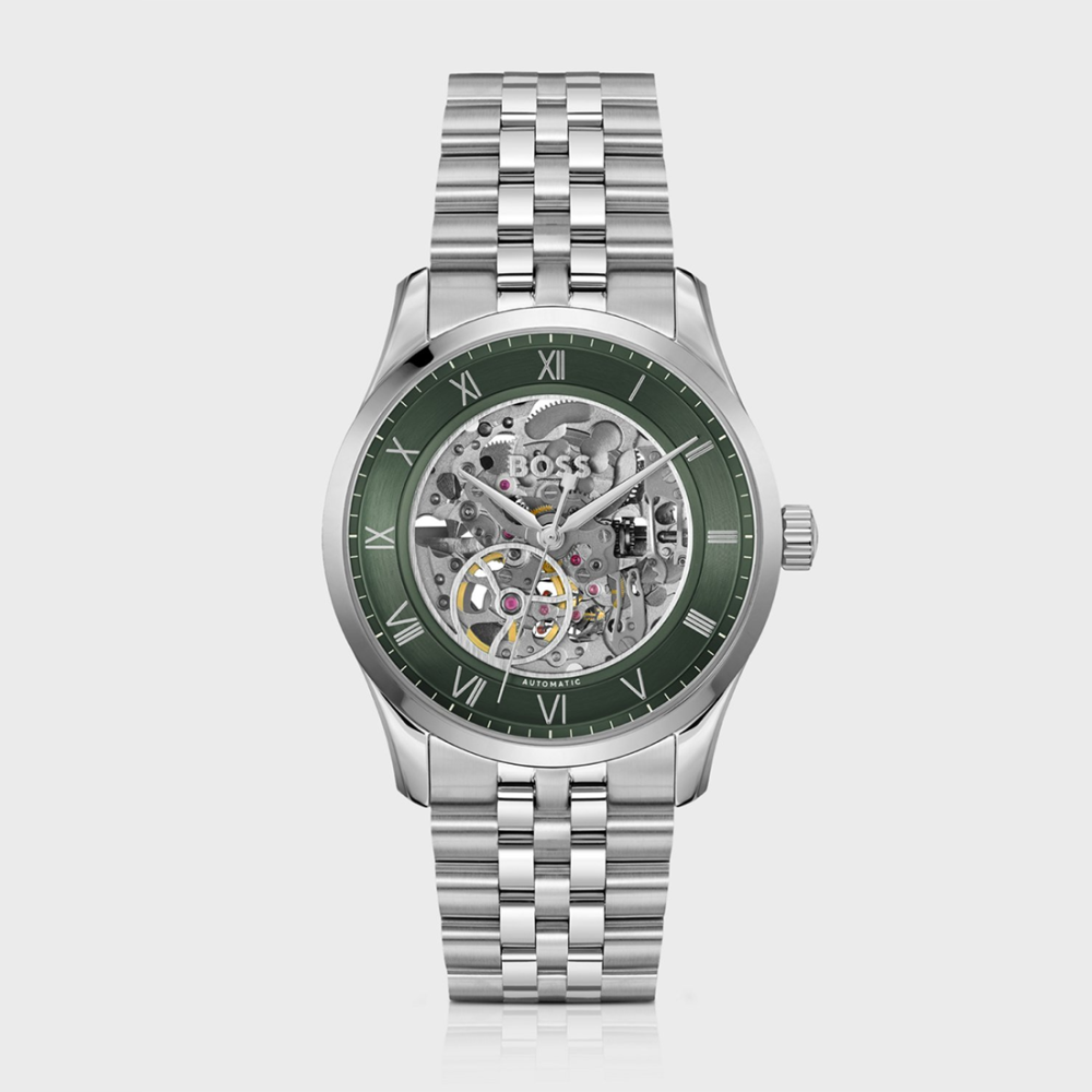 Boss Principle Skeleton Men Automatic Green Dial Analog Stainless Steel Watch 1514236