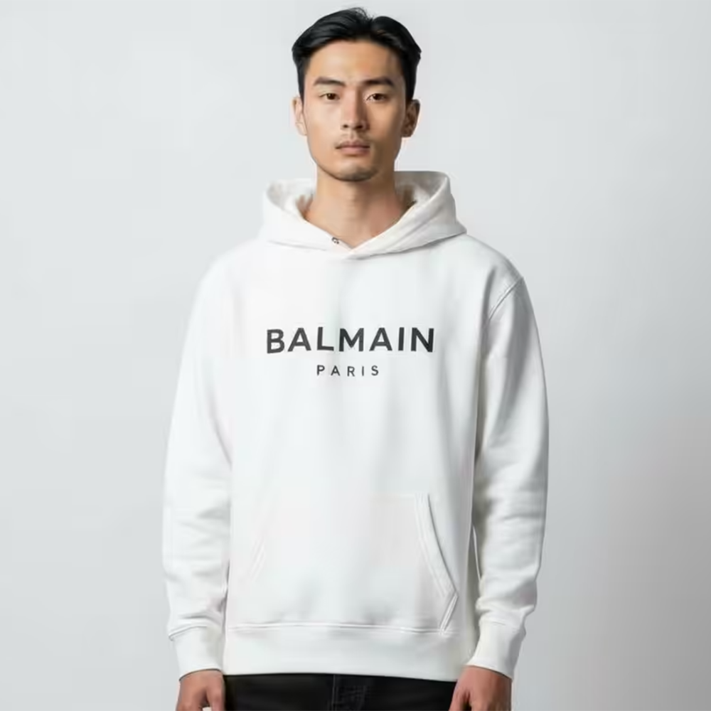 Balmain White Tonal Velvet Logo Hoodie