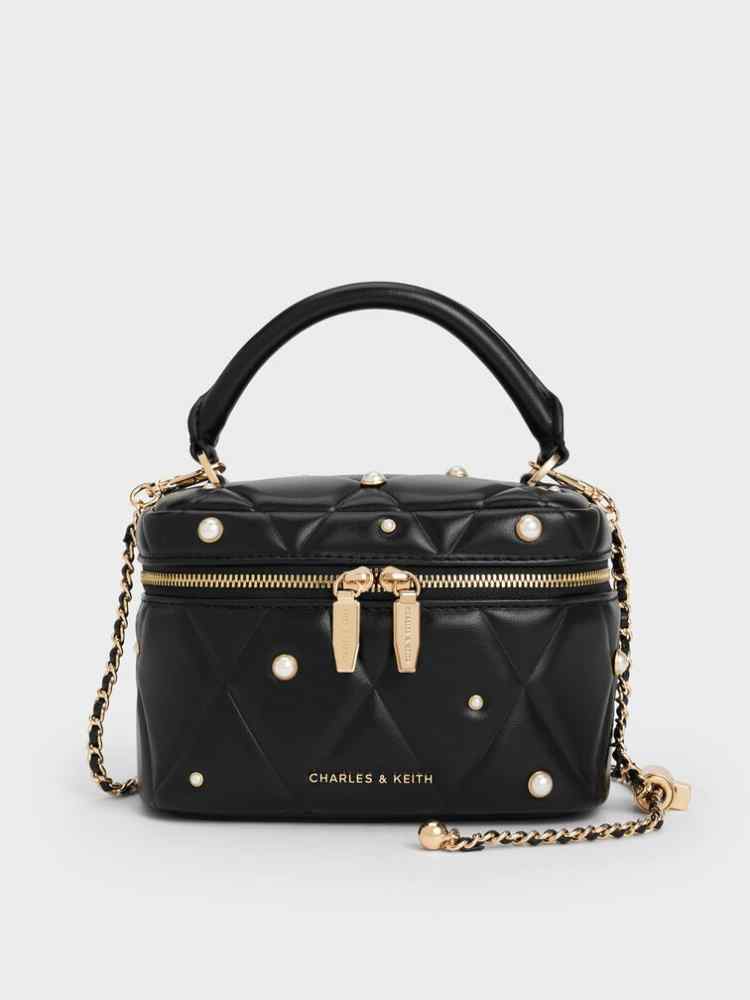 Charles & Keith Arwen Quilted Pearl Black Vanity Bag