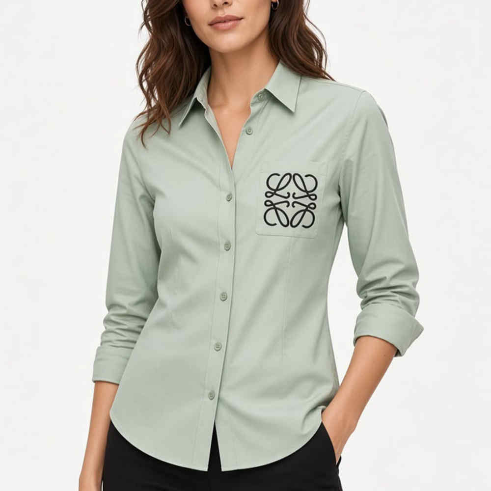 Loewe Ladies Anagram Poplin Green Shirt