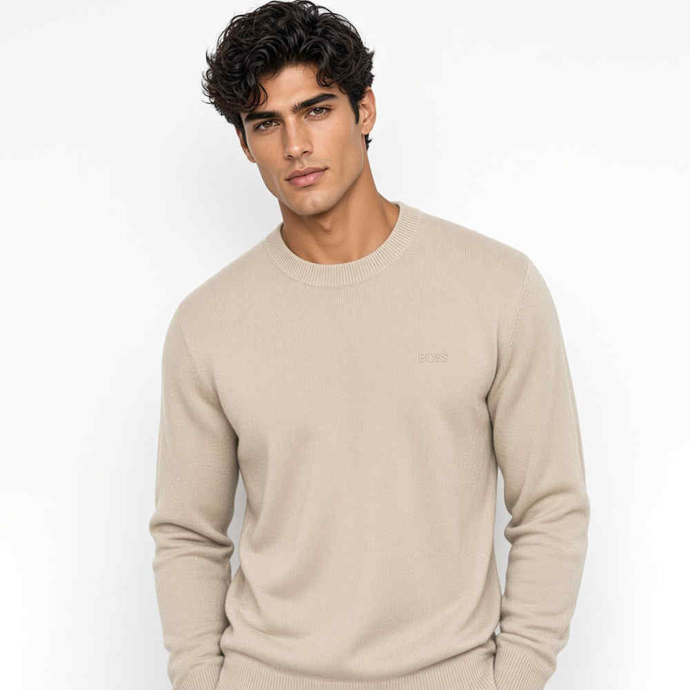 BOSS Pacas Regular Fit Knitted Beige Crewneck Sweater