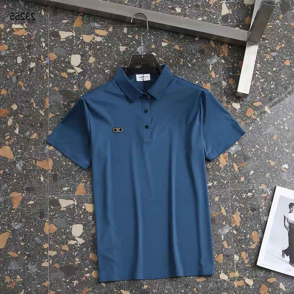 Ferragamo Blue Embossed Logo Premium Polo T-shirt-thumb-5