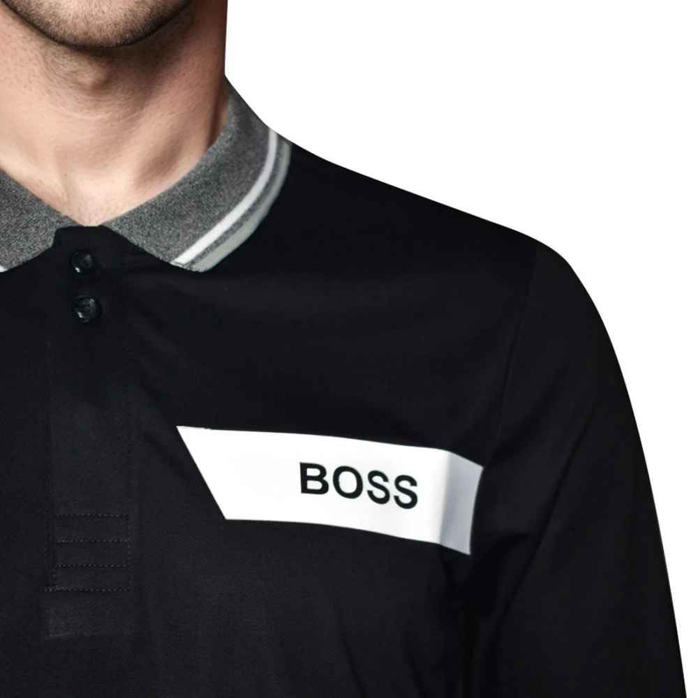 BOSS Black Interlock Cotton Polo T-shirt with Stripe Logo-4