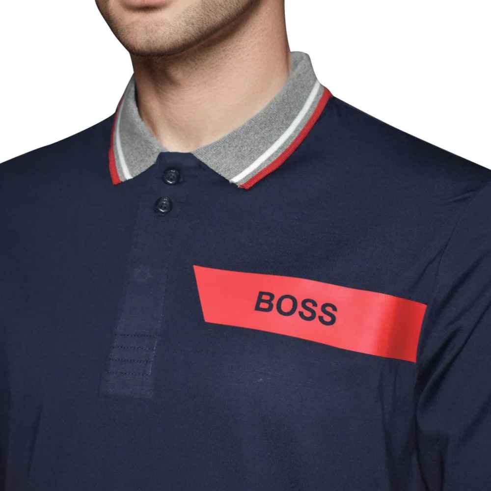 BOSS Blue Interlock Cotton Polo T-shirt with Stripe Logo-2