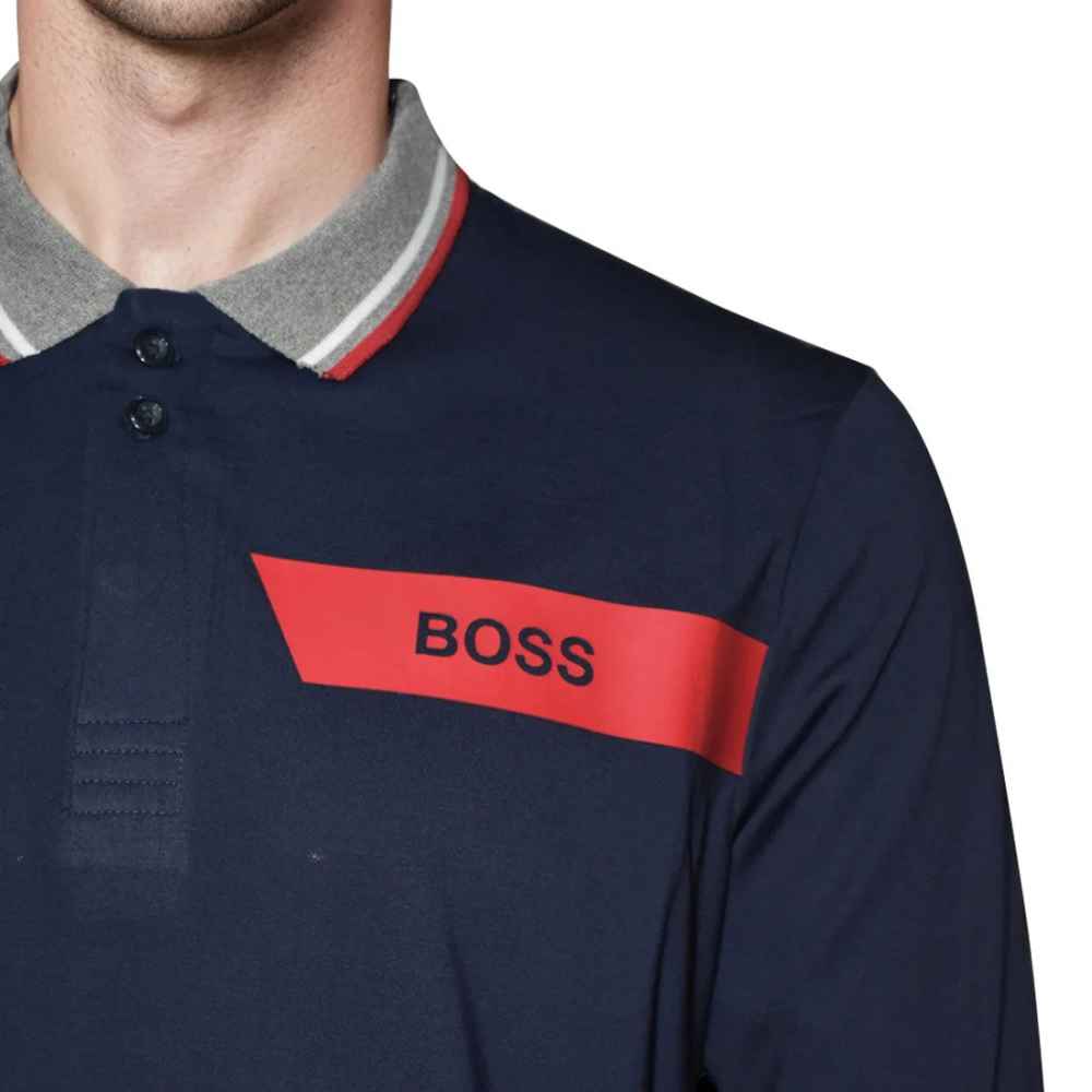 BOSS Blue Interlock Cotton Polo T-shirt with Stripe Logo-4
