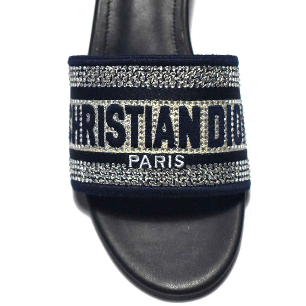 Christian Dior Silver Studded Navy Blue Heels Sandals-thumb-3