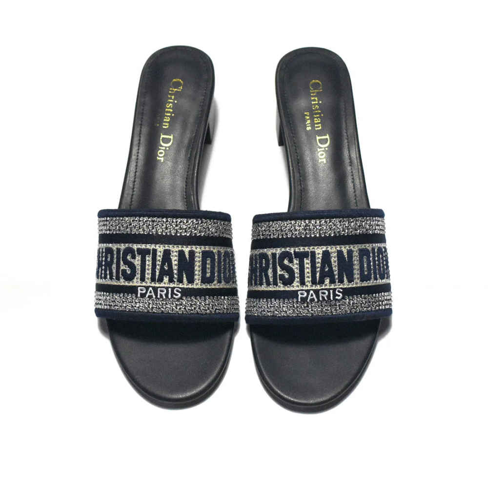 Christian Dior Silver Studded Navy Blue Heels Sandals-thumb-5