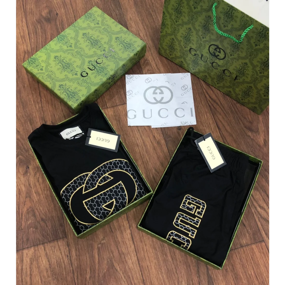 Gucci Black Premium Quality Men's Short Sleeve T-shirt & Shorts-thumb-2