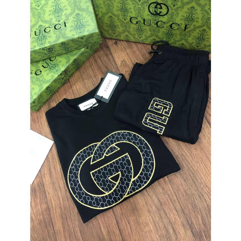 Gucci Black Premium Quality Men's Short Sleeve T-shirt & Shorts-thumb-3