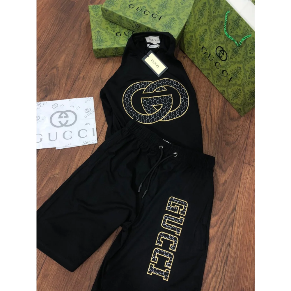 Gucci Black Premium Quality Men's Short Sleeve T-shirt & Shorts-thumb-4