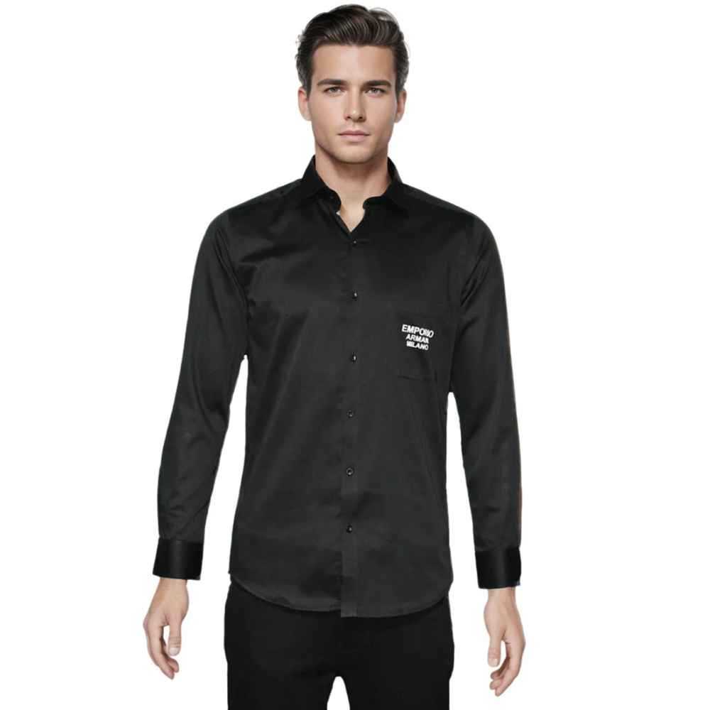 Emporio Armani Black Premium Quality Flocking Text On Pocket Shirt-6