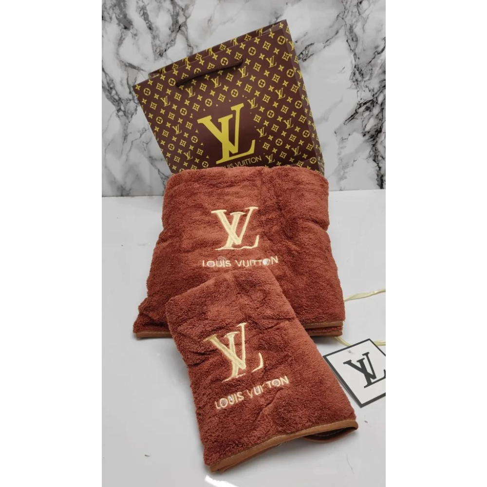 Louis Vuitton Emboiderry Logo Dark Brown Towels - Set of 2-thumb-0