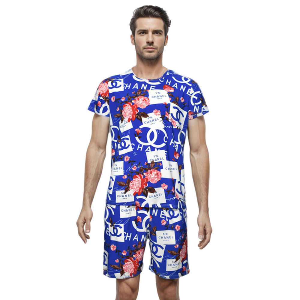 Chanel Floral Logo Print Blue Premium Shirt & Shorts Combo-thumb-0