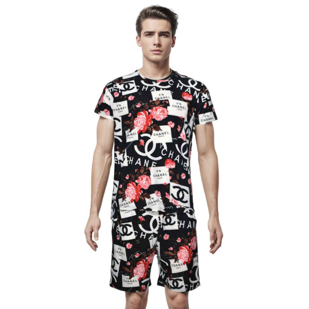 Chanel Floral Logo Print Black Premium Shirt & Shorts Combo-thumb-0