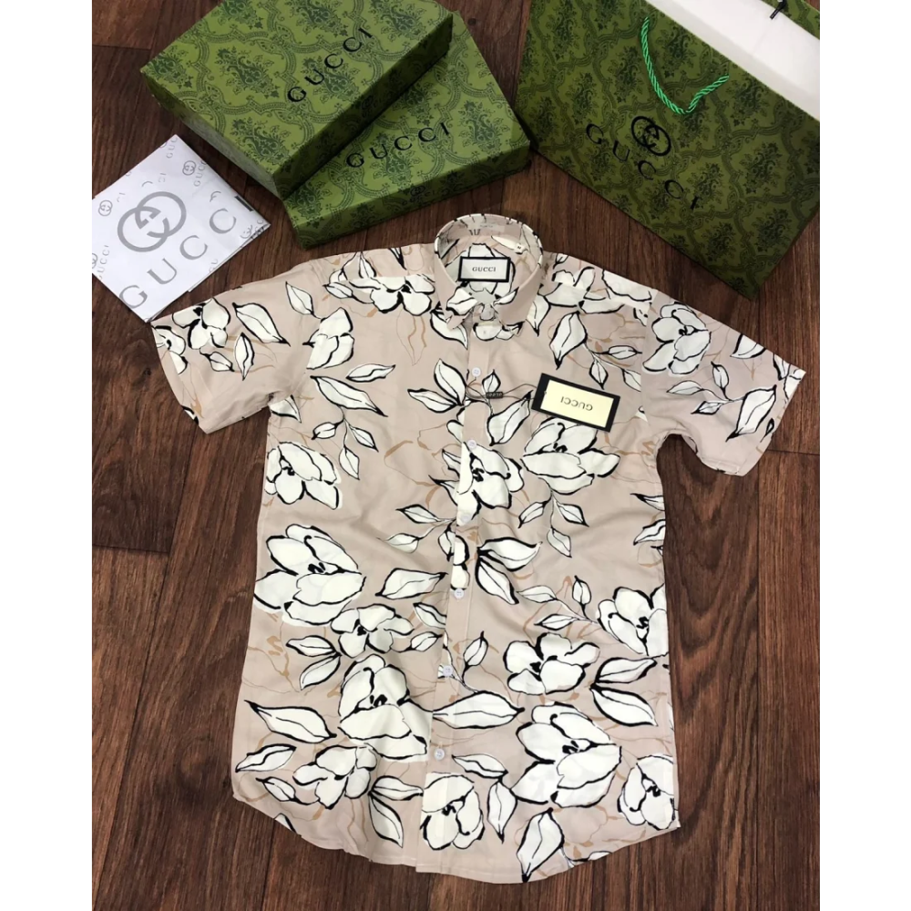 Gucci Beige Floral Printed Premium Quality Shirt-thumb-5