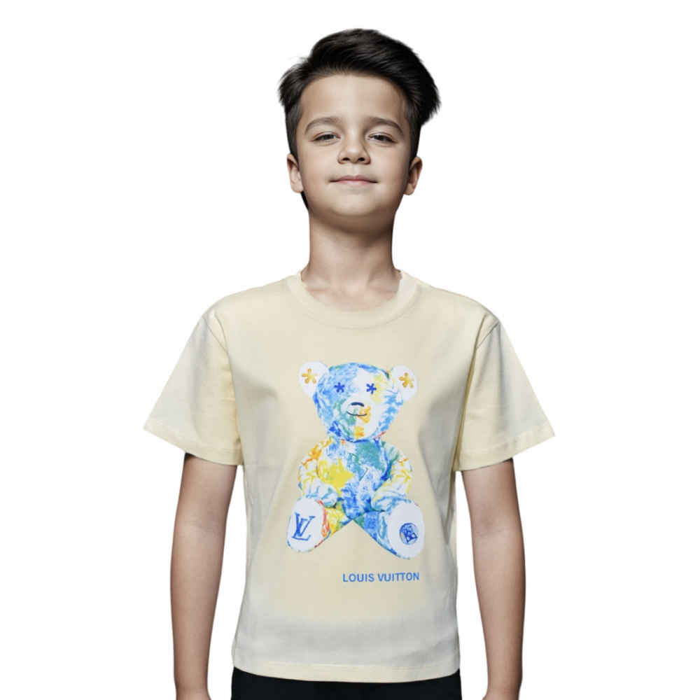 Louis Vuitton Cream Premium Teddy Print Kids T-shirt-thumb-0