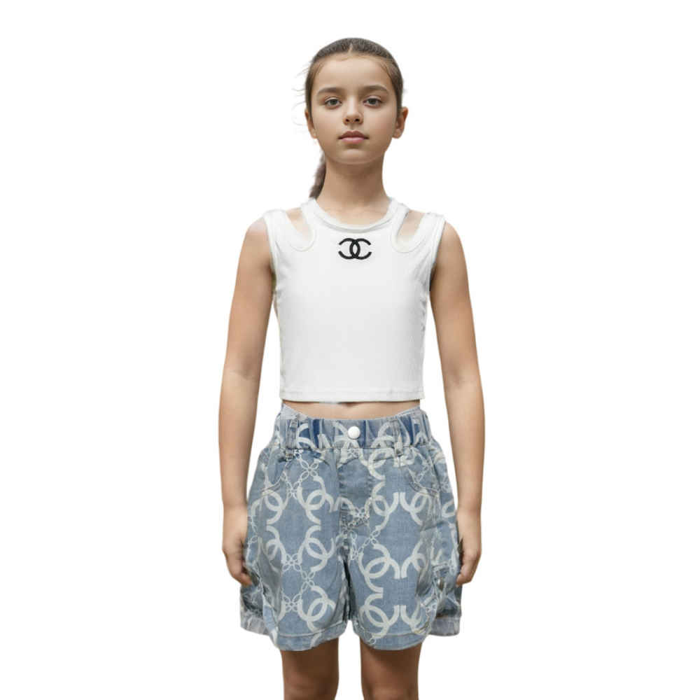 Chanel Embroidered logo White Premium Girls Co-ord Set-thumb-0