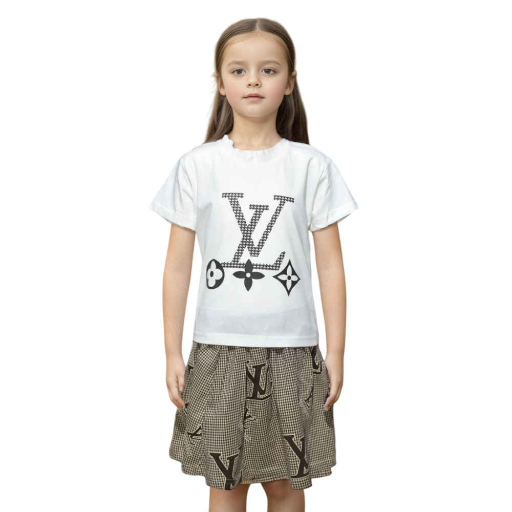 Louis Vuitton logo Print White Premium Girls Co-ord Set-thumb-0