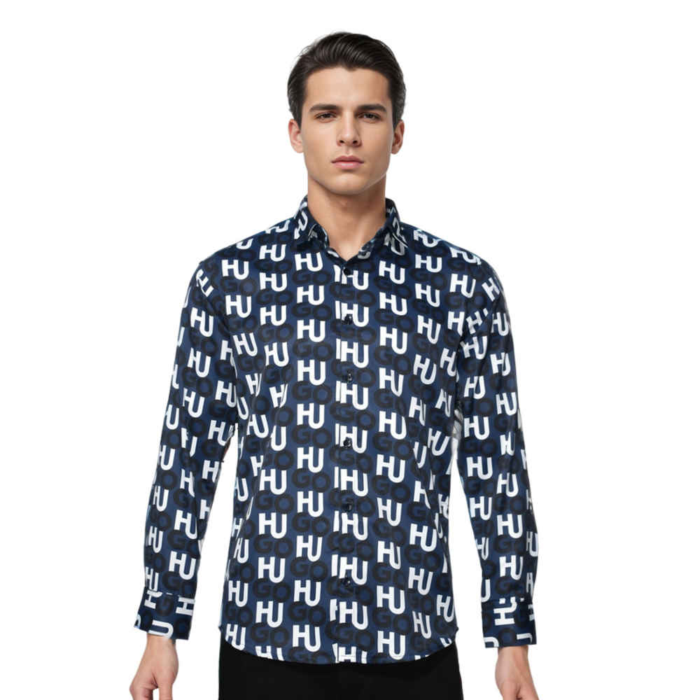 Hugo Boss All-Over Logo Print Blue Premium Shirt-6