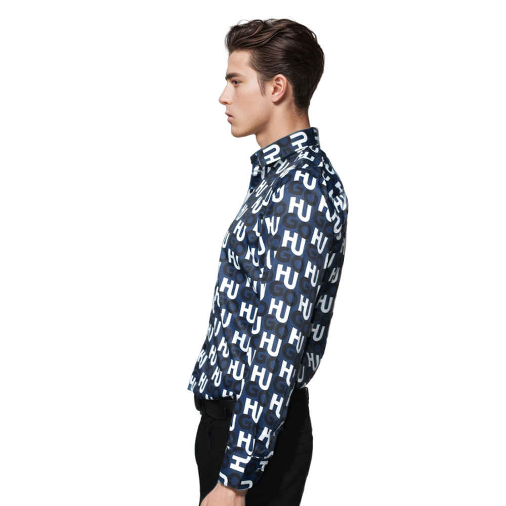 Hugo Boss All-Over Logo Print Blue Premium Shirt-2