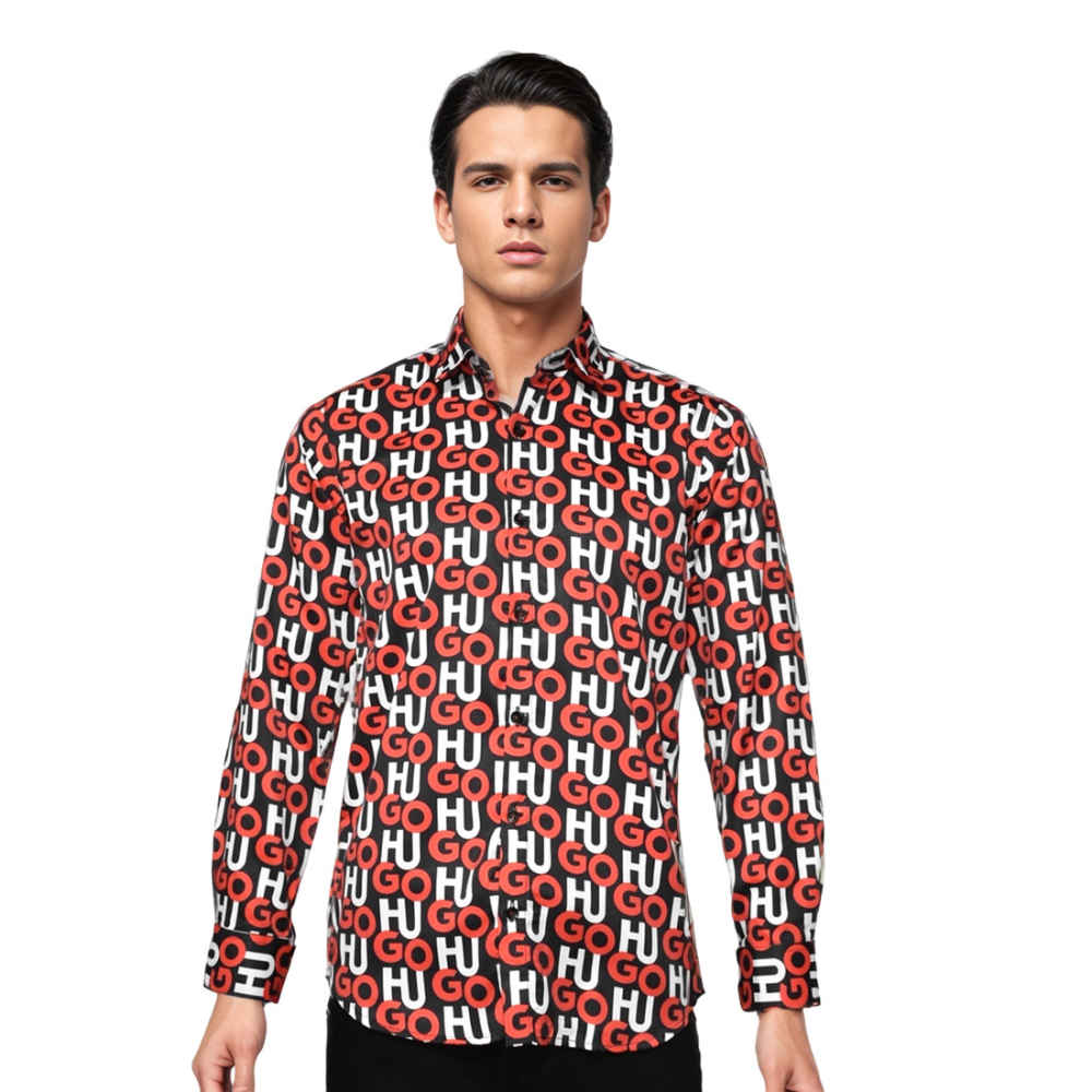 Hugo Boss All-Over Logo Print Red & Black Premium Shirt-thumb-6