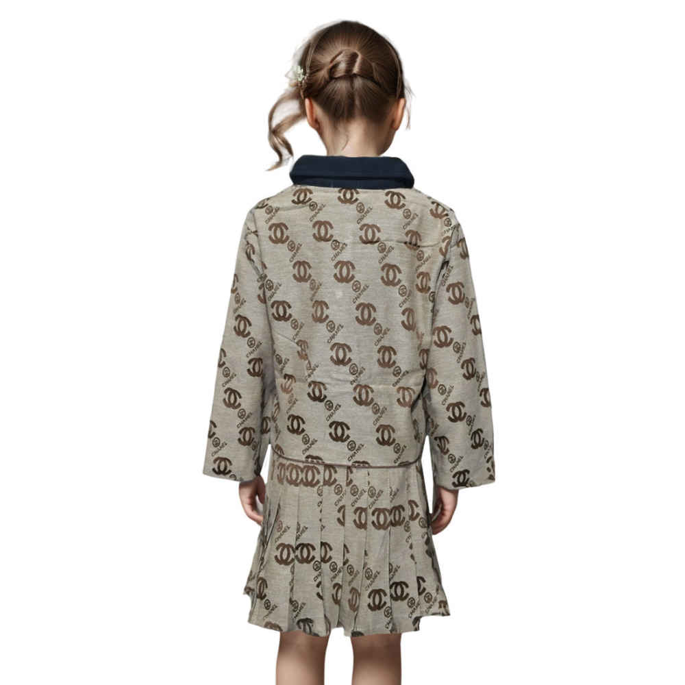 Chanel Embroidery Logo Print Brown Premium Girls Dress-thumb-1