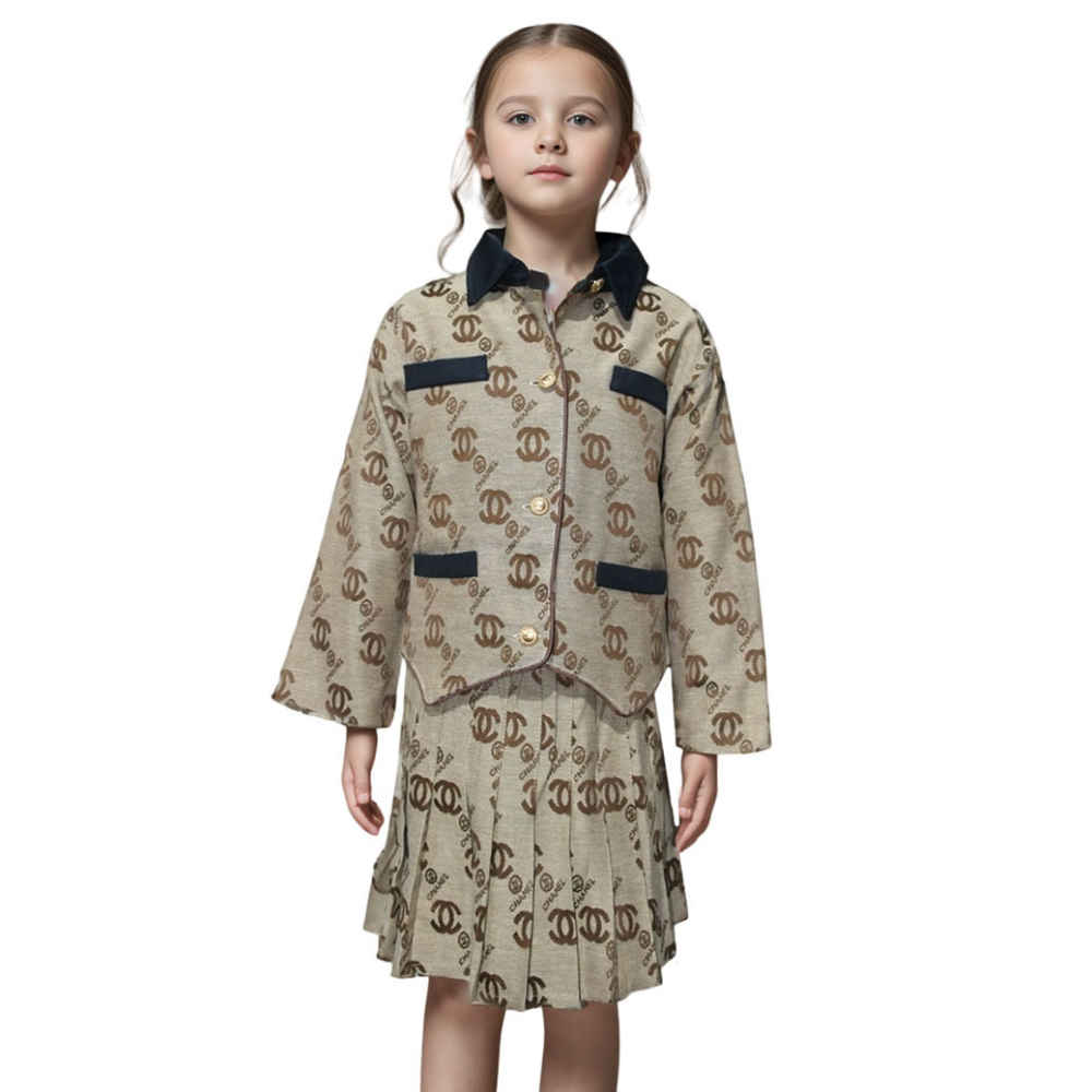 Chanel Embroidery Logo Print Brown Premium Girls Dress-thumb-0