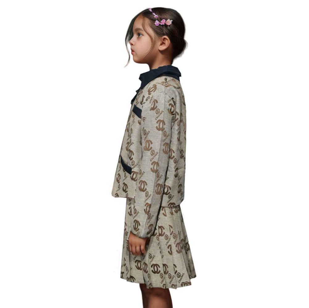 Chanel Embroidery Logo Print Brown Premium Girls Dress-thumb-2