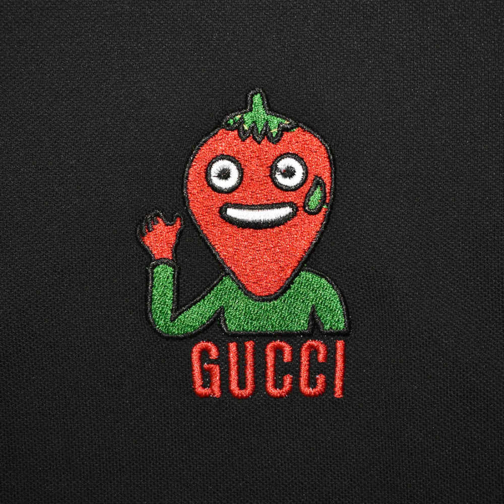 Gucci Strawberry Embroidered Black Polo T-shirt-thumb-3