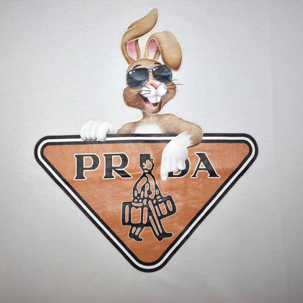 Prada White Logo Attach Bunny Print Premium T-shirt-thumb-3