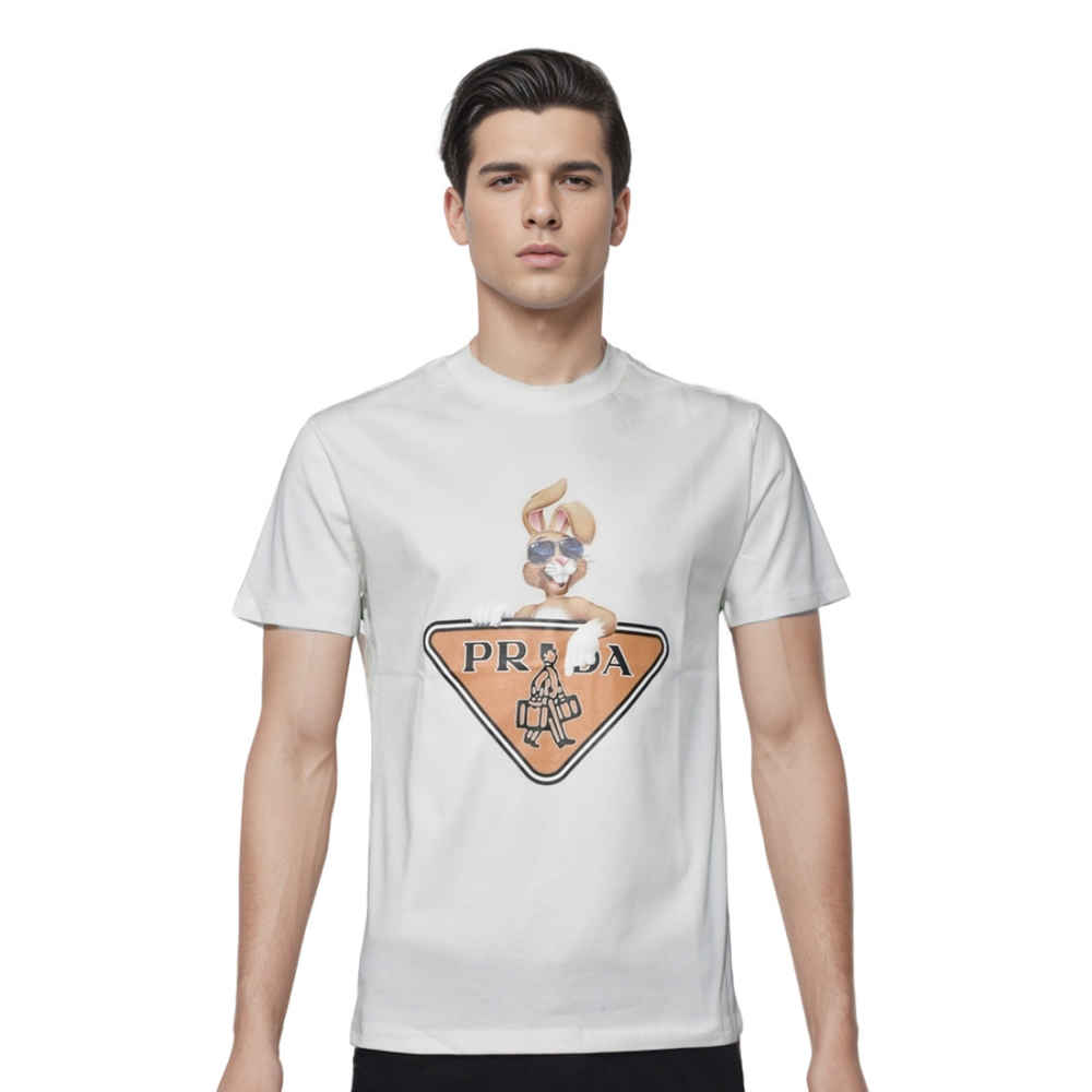 Prada White Logo Attach Bunny Print Premium T-shirt-thumb-0