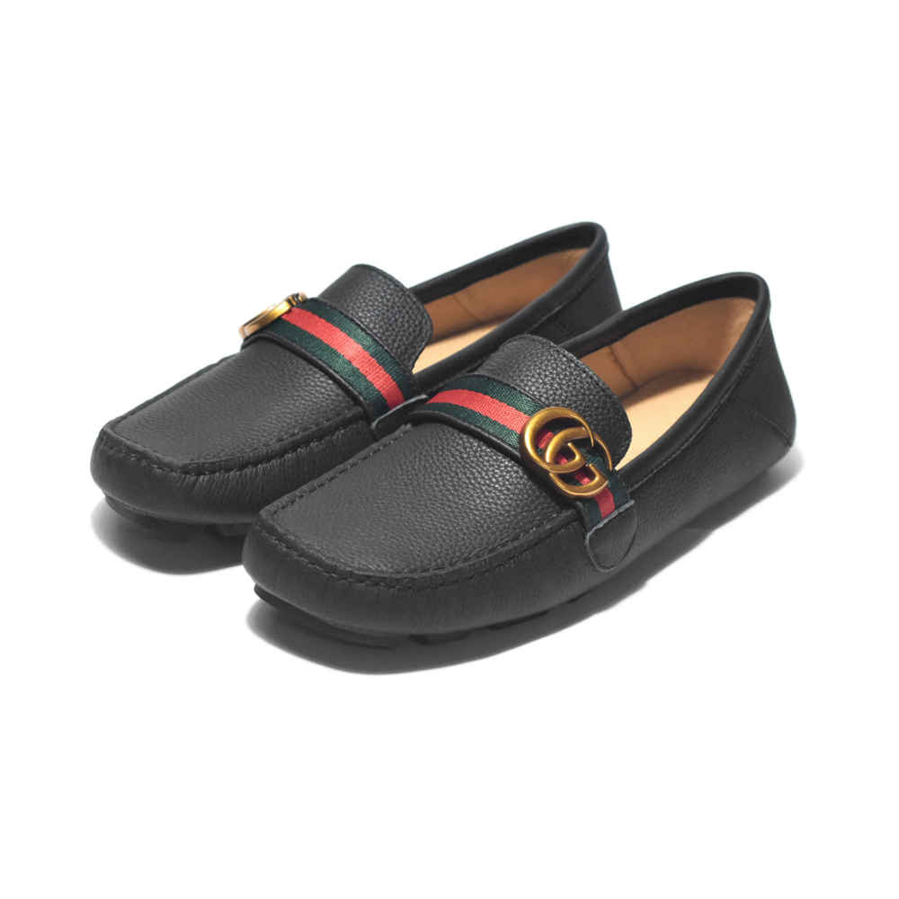 Gucci Black Premium Web Driver Leather Loafers-thumb-0