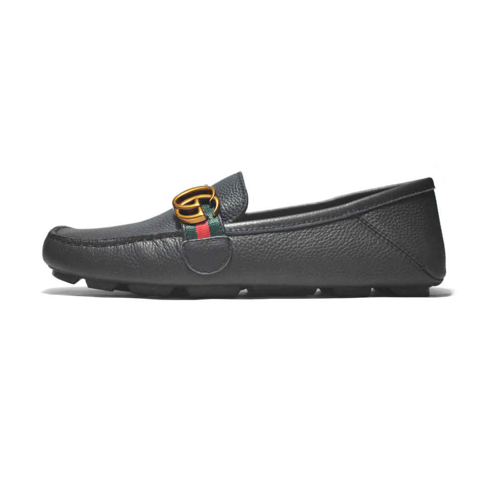 Gucci Black Premium Web Driver Leather Loafers-thumb-1