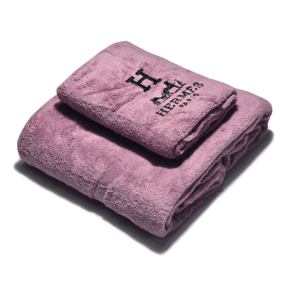 Hermes Paris Embroidery Logo Purple Towels - Set of 2-thumb-0