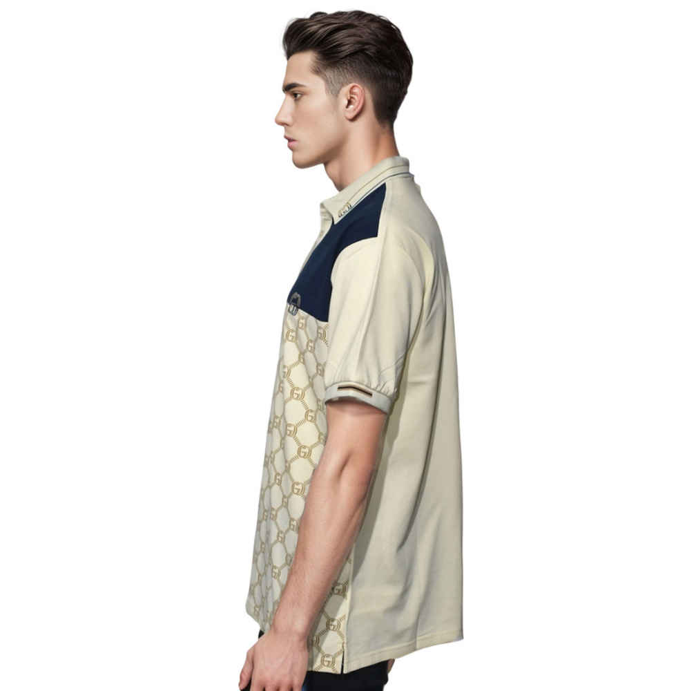 Gucci Cream Monogram Print Premium Polo T-shirts-thumb-2