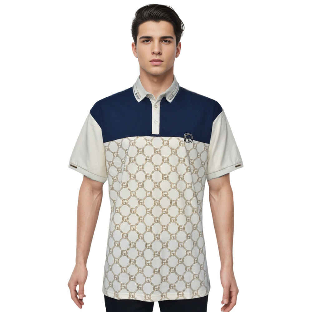 Gucci Cream Monogram Print Premium Polo T-shirts-thumb-0