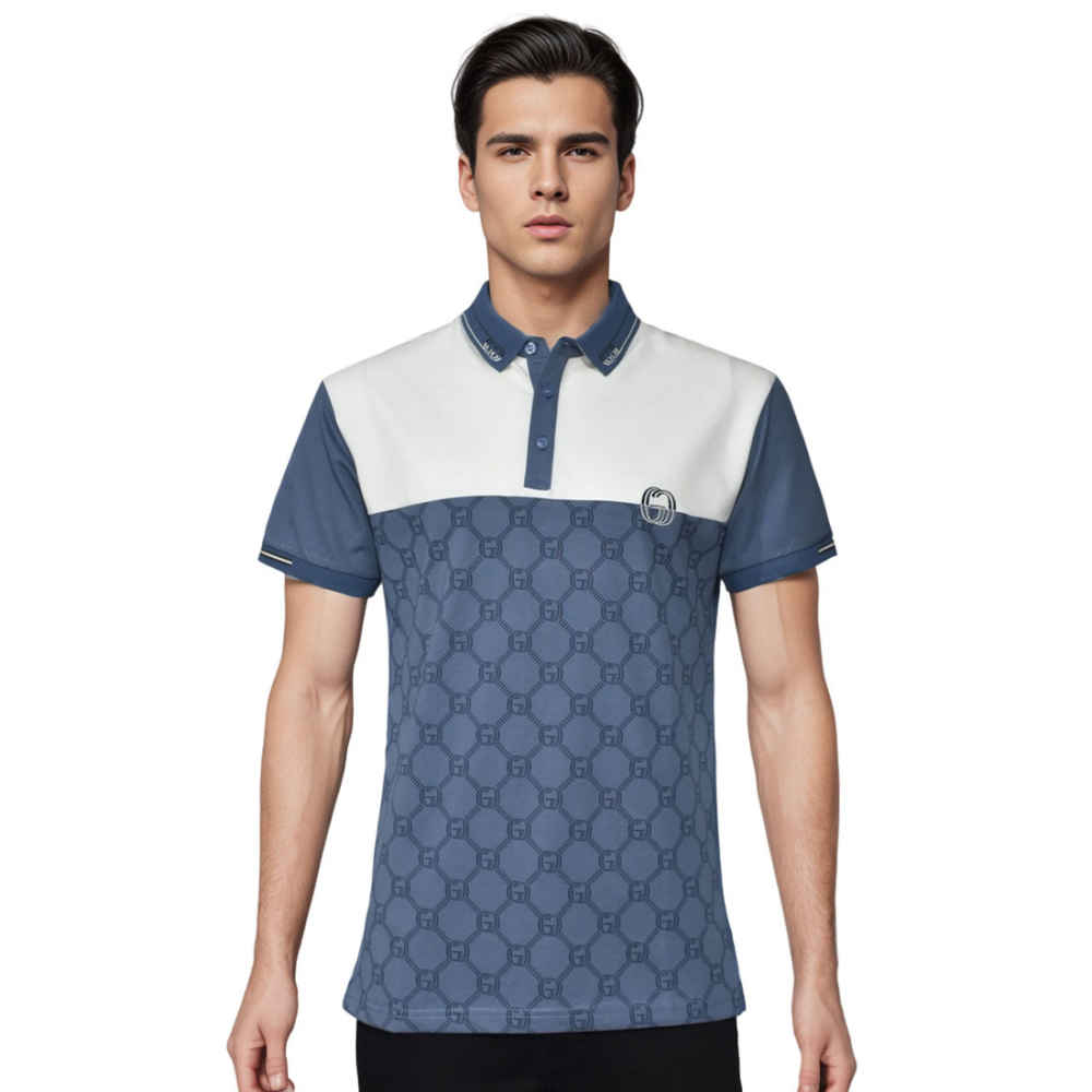 Gucci Blue Monogram Print Premium Polo T-shirts-thumb-0