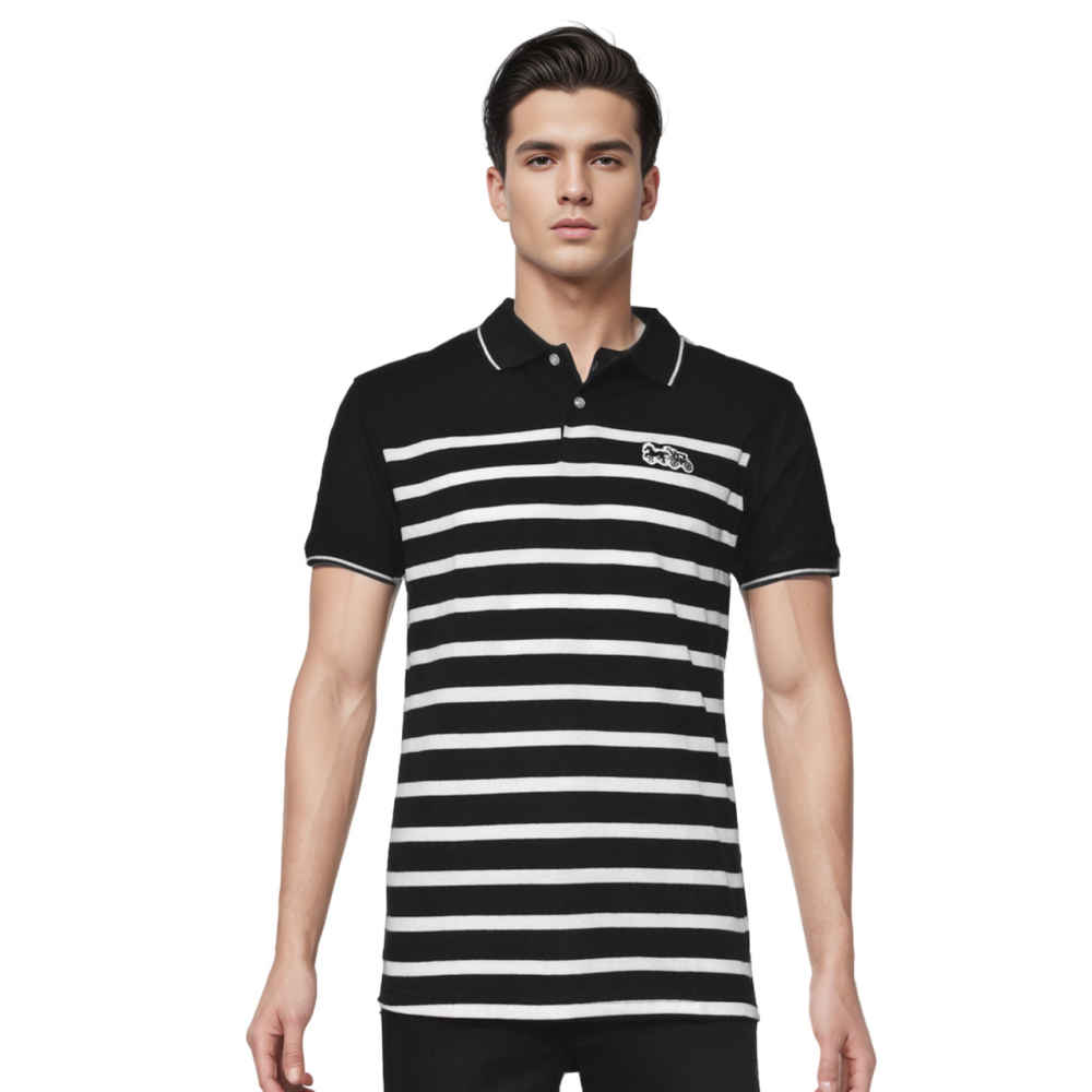 Coach Embroidered logo Striped Pique Black Polo T-shirt-thumb-0