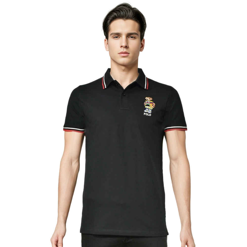 Bear Embroidered Black Polo T-shirt-thumb-0