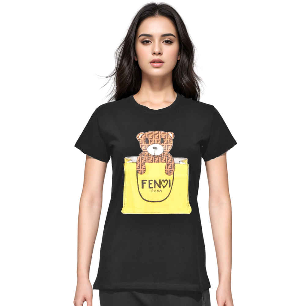 Fendi Bear Print Black Premium Women T-shirt-thumb-0
