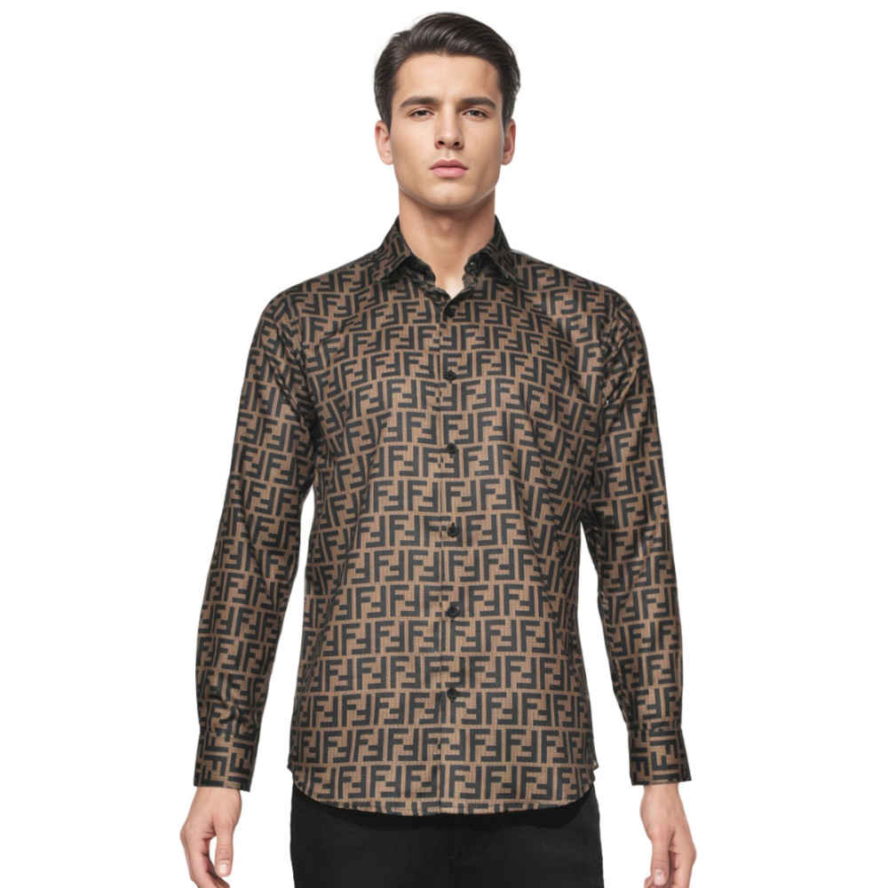 Fendi logo Print Brown Premium Cotton Shirt-6