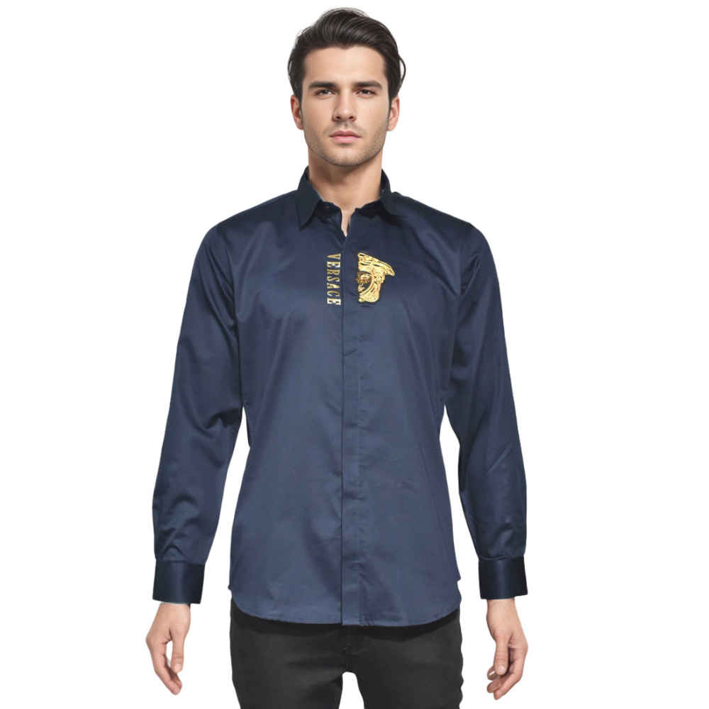 Versace Embroidered logo Navy Blue Shirt-thumb-6