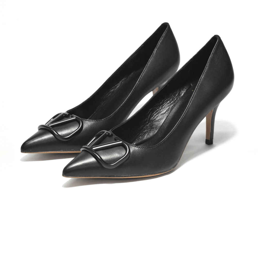 Valentino Black Leather V Logo Pumps Sandals-thumb-0
