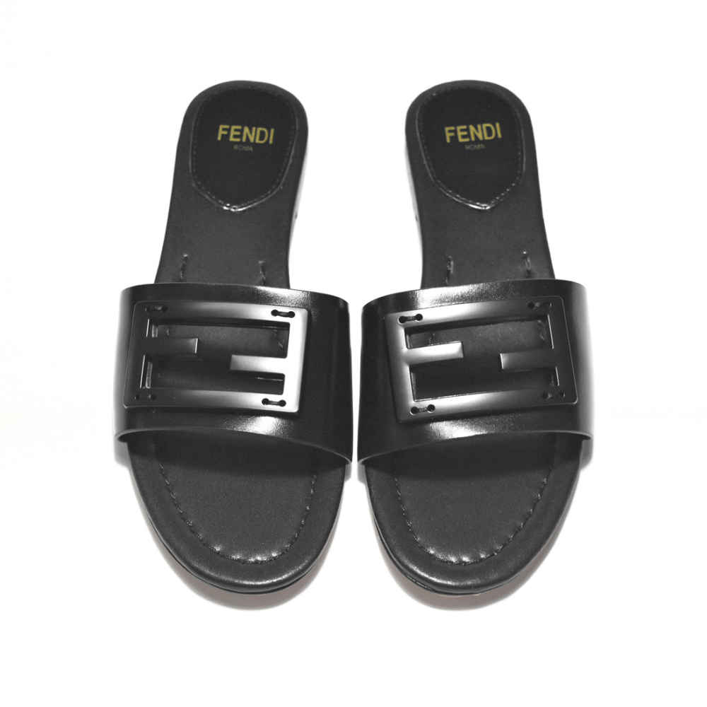 Fendi logo Black Premium Leather Flat Sandals-5