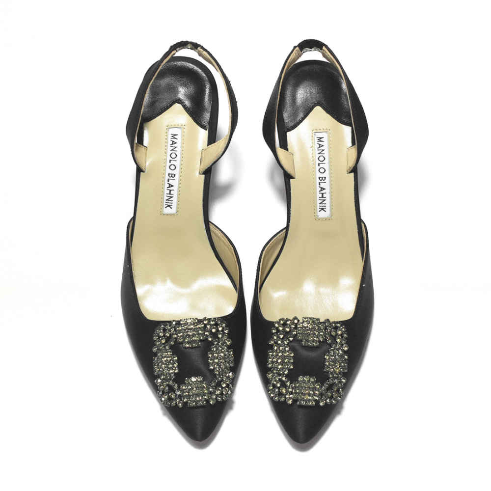 Manolo Blahnik Black Premium Leather Heel Sandals-thumb-5