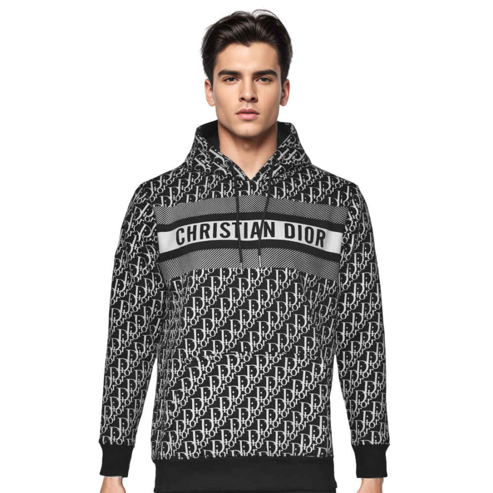 Dior Black Monogram Printed Premium Hoodie-thumb-1